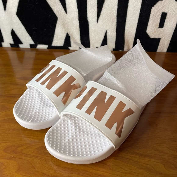 Victoria’s Secret PINK Glitter Rose Gold Logo Slide Sandals NEW VS PINK - Picture 6 of 7